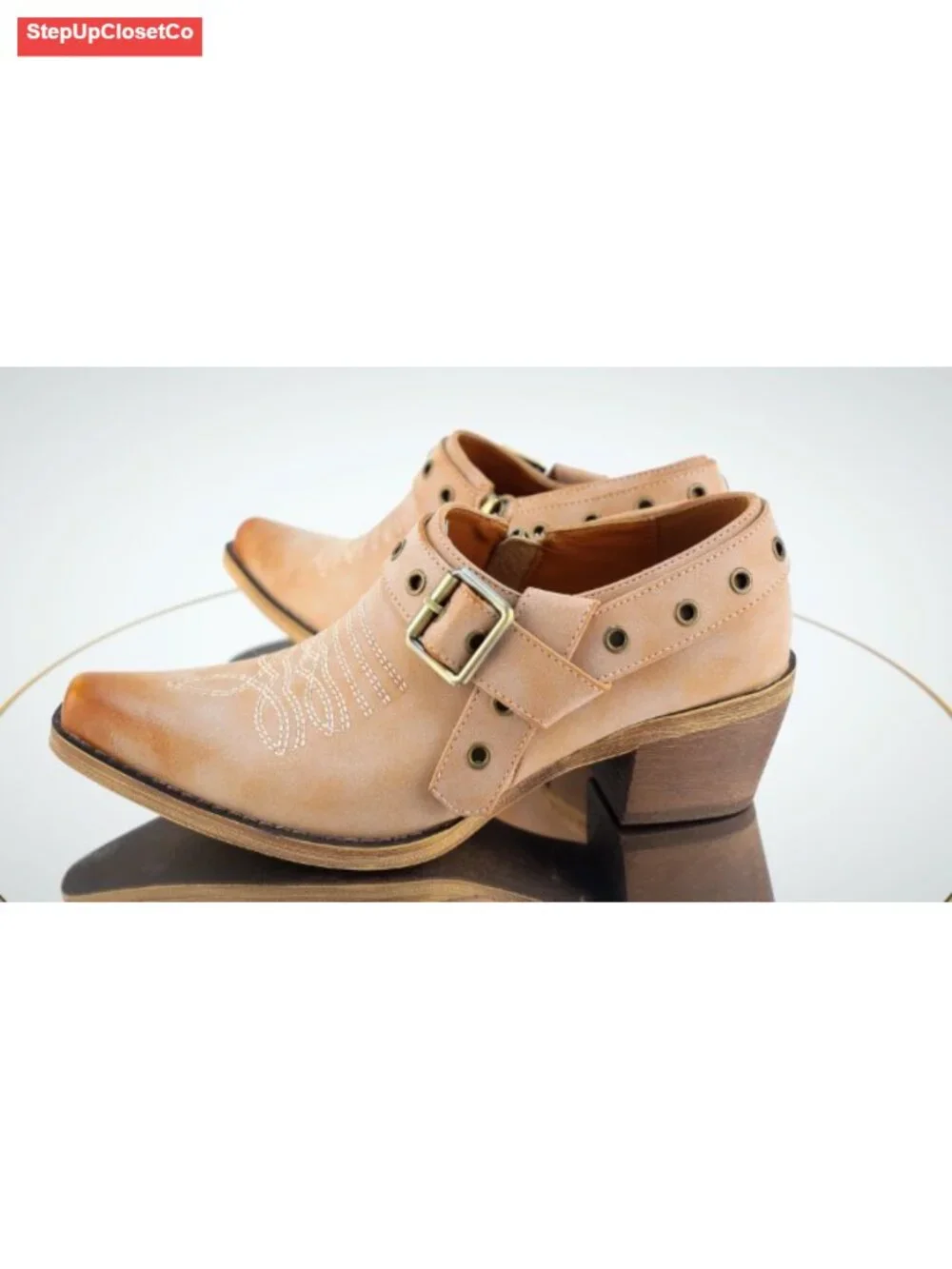 Western Ankle Boots Buckle Strap Chunky Heel Cowgirl Booties Pointed Toe
